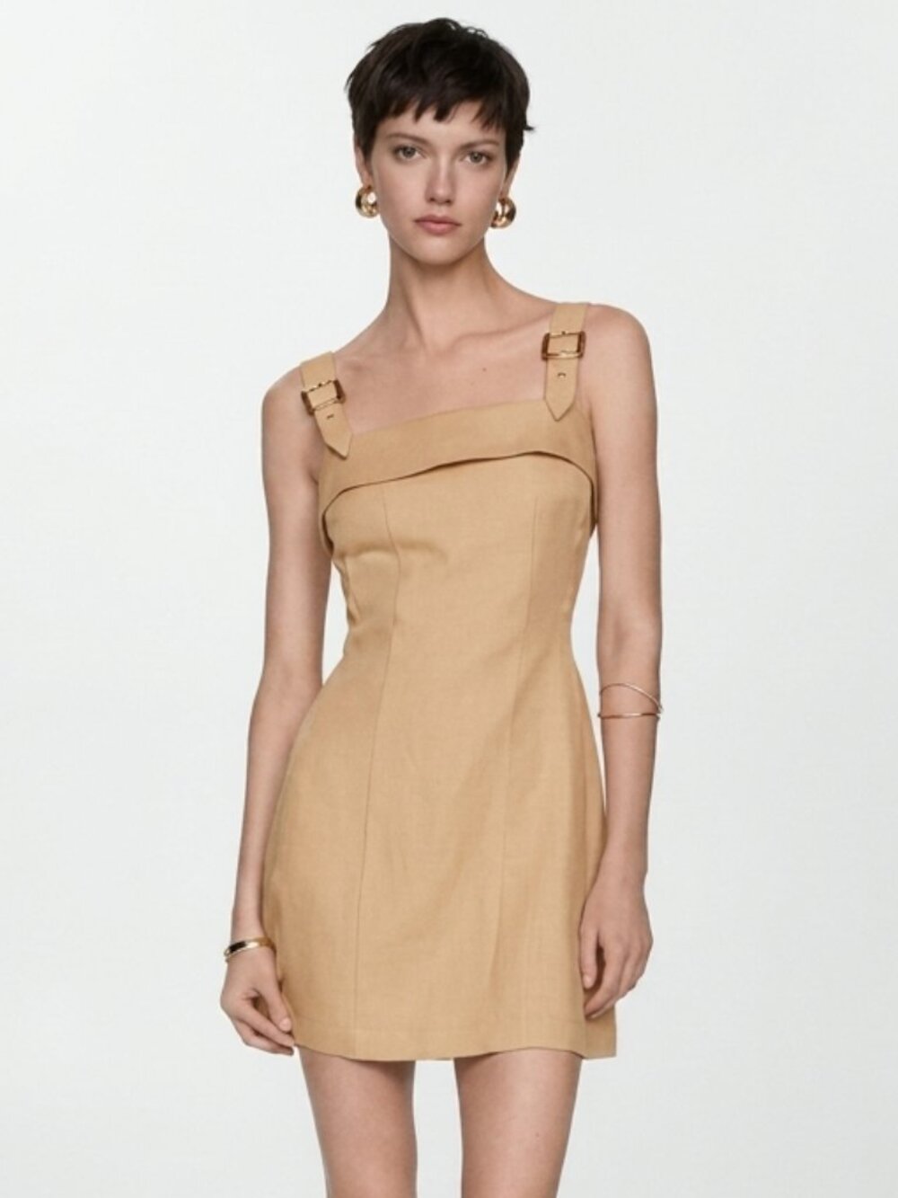 Mango Linen Blend Mini Dress with Buckle Straps - Size 6